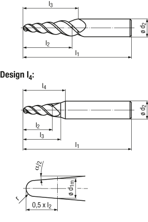 technische Zeichnung Alu konischer Kugelfräser RG34-40